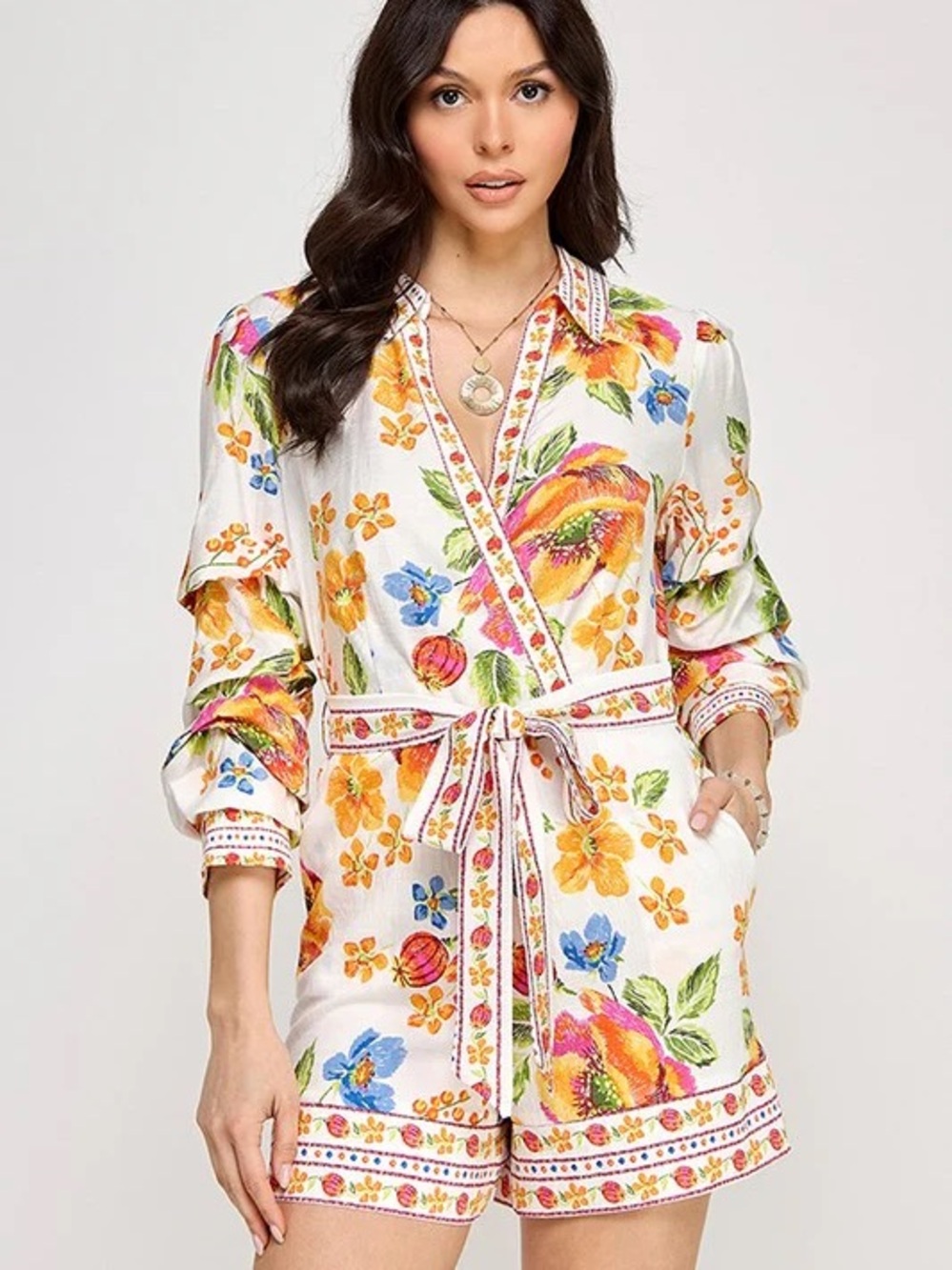 Milk & Honey linen like floral surplus wrap ruched sleeve jumper romper NWT L